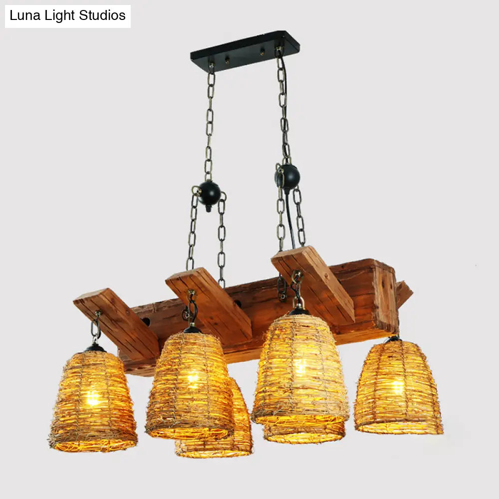 Industrial Rattan Pendant Light For Dining Room - Bell Shade Chandelier Fixture