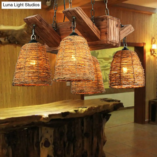 Rattan Pendant Chandelier - Industrial Hanging Light For Dining Room 4 / Wood
