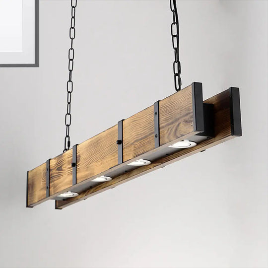 Industrial Rectangular Wooden Island Ceiling Light With 4 Lights And Metal Chain - Brown Finish