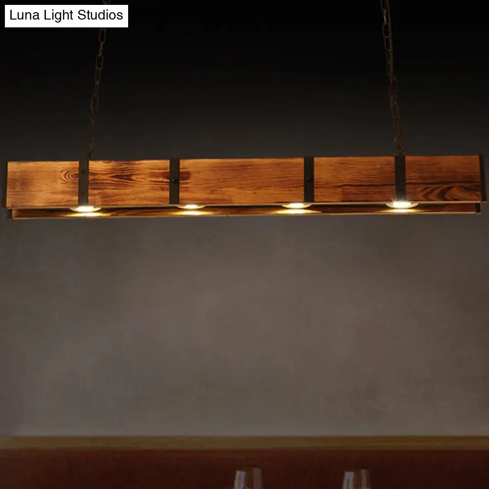 Industrial Rectangular Wooden Island Ceiling Light With 4 Lights And Metal Chain - Brown Finish