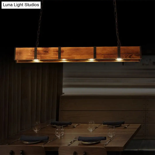 Industrial Rectangular Wooden Island Ceiling Light With 4 Lights And Metal Chain - Brown Finish