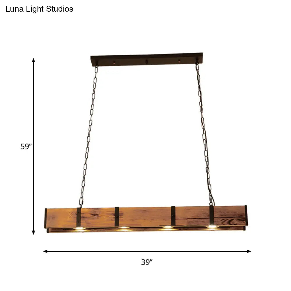 Industrial Rectangular Wooden Island Ceiling Light With 4 Lights And Metal Chain - Brown Finish