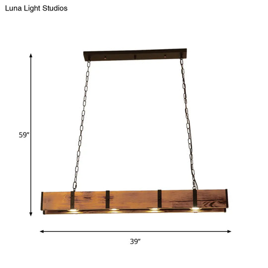 Industrial Rectangular Wooden Island Ceiling Light With 4 Lights And Metal Chain - Brown Finish