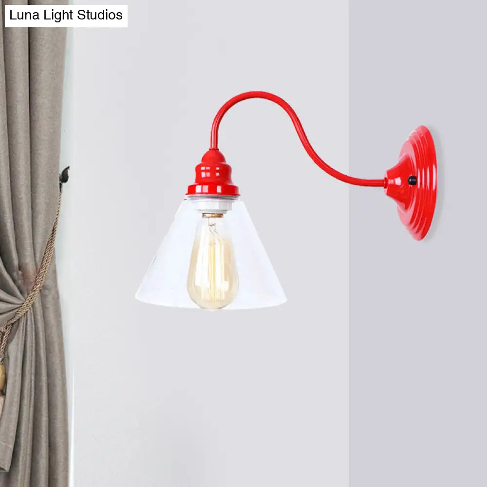 Industrial Red Bedroom Sconce Lighting Fixture With Clear Glass Cone Shade