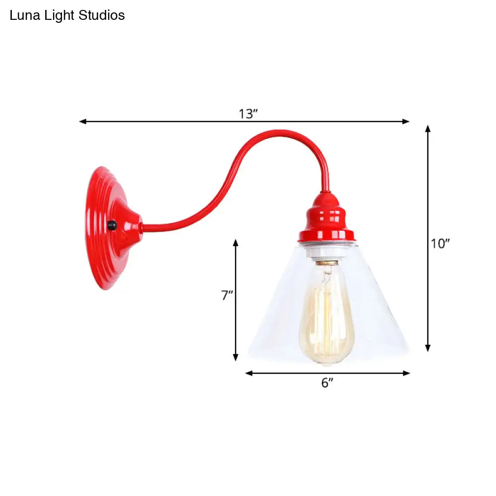 Industrial Red Bedroom Sconce Lighting Fixture With Clear Glass Cone Shade