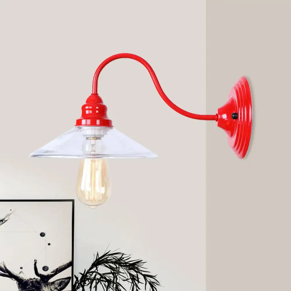 Industrial Red Clear Glass Wall Mounted Light With Wide Flare Bulb And Curved Arm