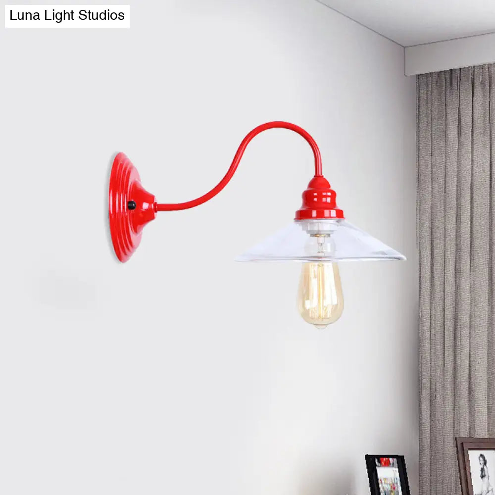 Industrial Red Clear Glass Wall Mounted Light With Wide Flare Bulb And Curved Arm