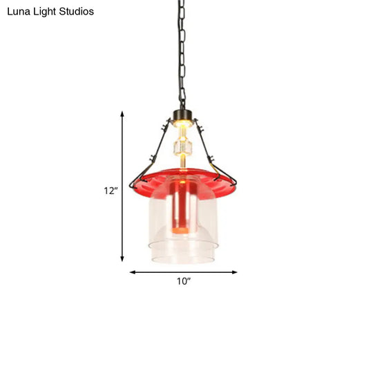 Industrial Red Clear Glass Pendant Light - 1 Cylinder/Cone Shape Hanging Ceiling Fixture In 12/19.5