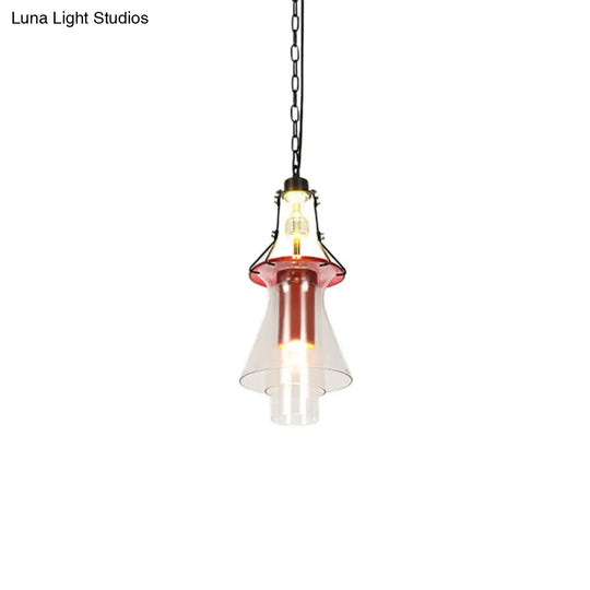 Industrial Red Clear Glass Pendant Light - 1 Cylinder/Cone Shape Hanging Ceiling Fixture In 12/19.5