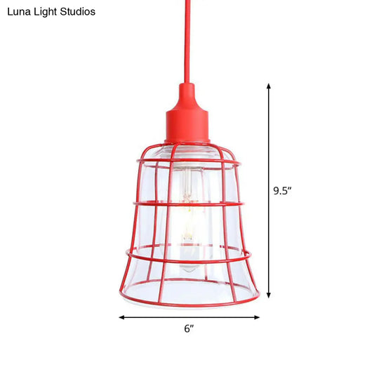 Industrial Red Iron Hanging Lamp Kit - Single Tapered/Cage/Flared Ceiling Pendant Light For Living
