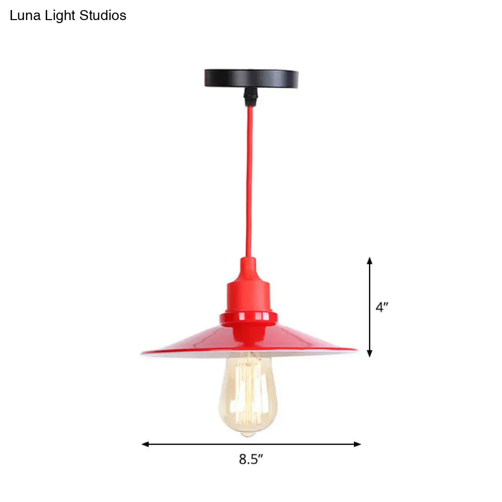 Iron Hanging Lamp Kit - Red Industrial Tapered/Cage/Wide Flared Pendant Light For Living Room