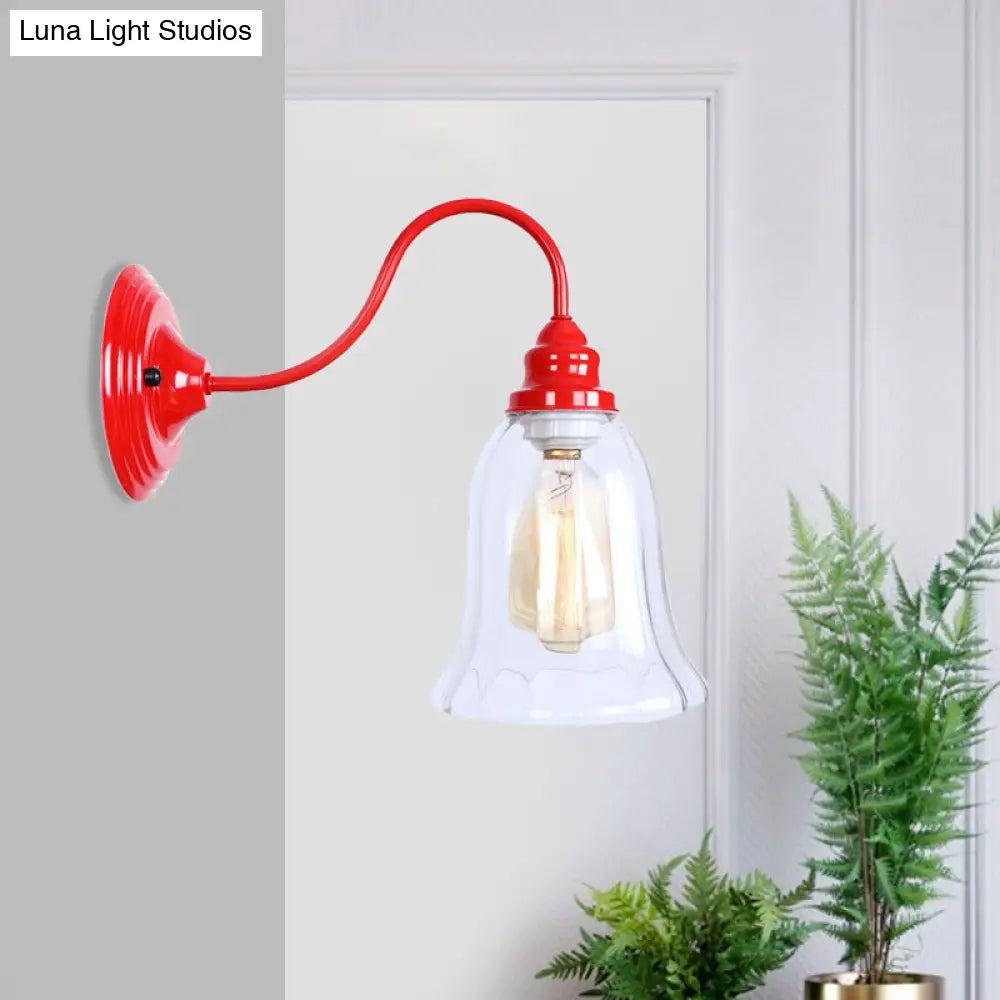 Industrial Red Sconce Light With Clear Textured Glass Bell Shade