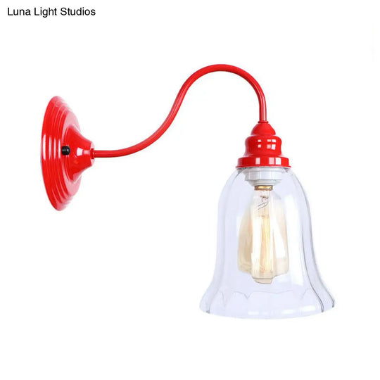 Industrial Red Sconce Light With Clear Textured Glass Bell Shade