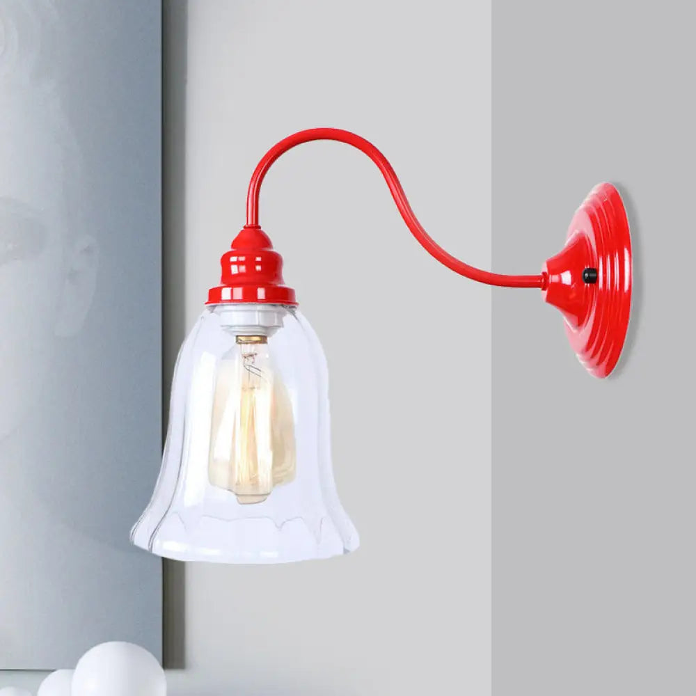 Industrial Red Sconce Light With Clear Textured Glass Bell Shade