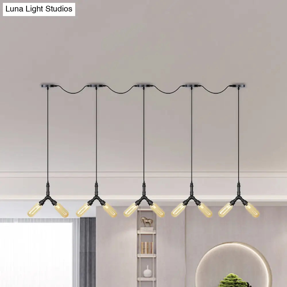 Industrial Restaurant Ceiling Light With Multi Bulbs: Tandem Pendant Lamp In Black Colored Glass