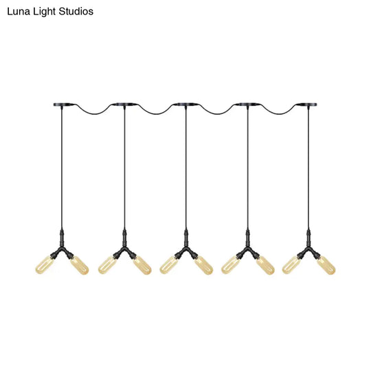 Industrial Restaurant Ceiling Light With Multi Bulbs: Tandem Pendant Lamp In Black Colored Glass