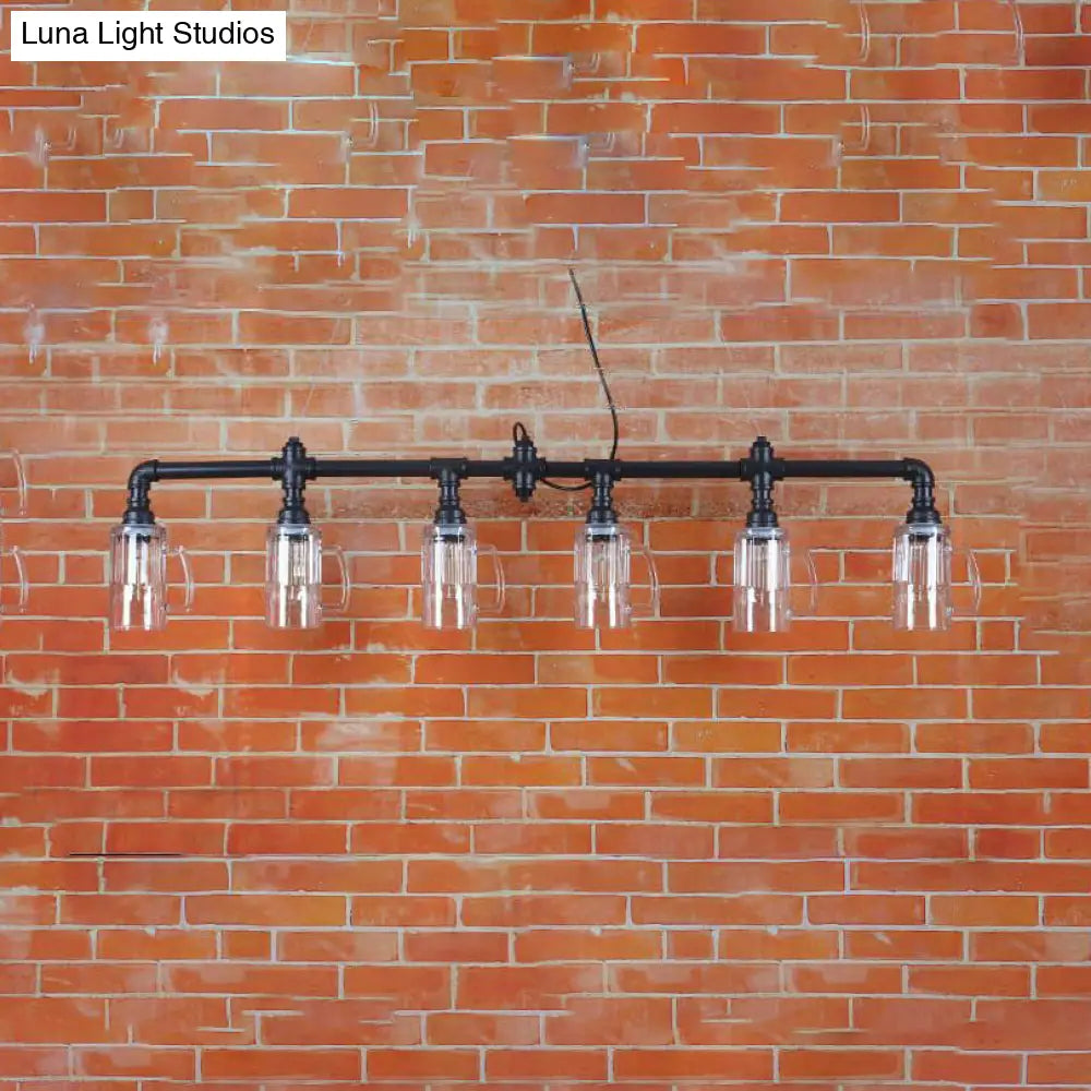 Industrial Restaurant Island Ceiling Light - 6 Bulbs Suspended With Pipe And Beer Mug Glass Shade