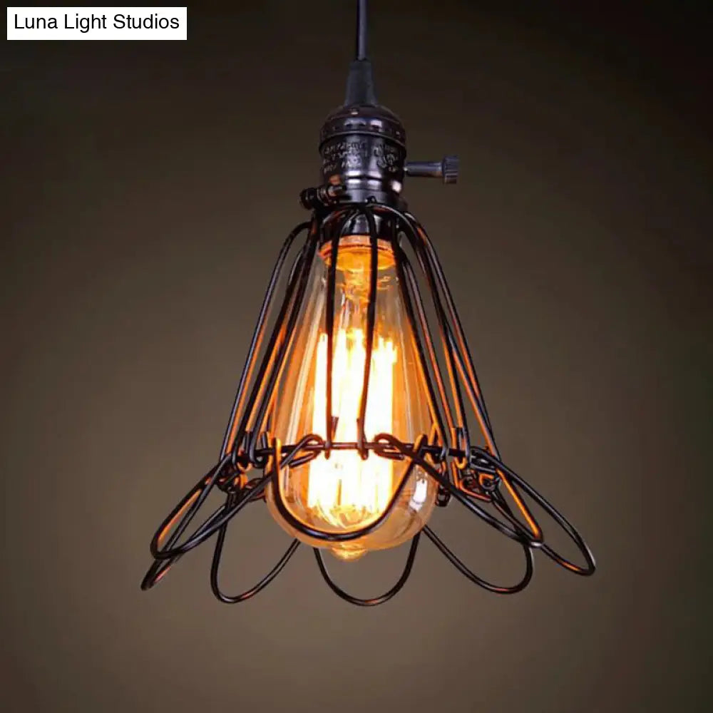 Industrial Retro Hanging Pendant Light Fixture With Caged Design For Bars - Single Metallic