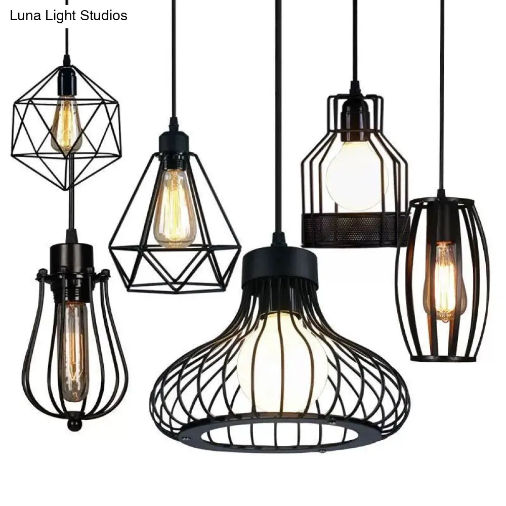 Industrial Retro Hanging Pendant Light Fixture With Caged Design For Bars - Single Metallic