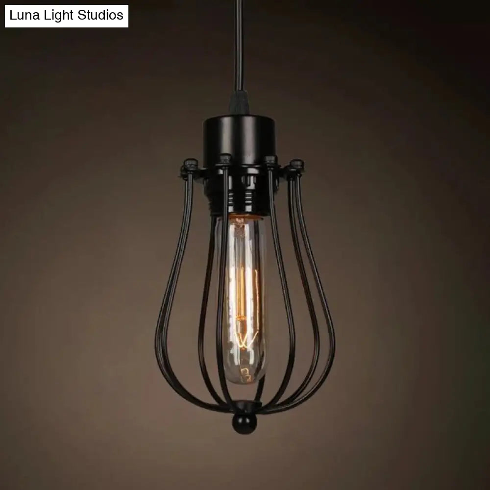 Industrial Retro Hanging Pendant Light Fixture With Caged Design For Bars - Single Metallic Black /