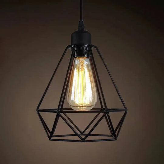 Industrial Retro 1-Light Pendant With Metal Cage For Bar - Hang In Style! Black / Diamond
