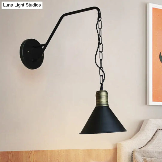 Industrial Retro Black Conical Wall Lighting Sconce With Chain For Dining Room