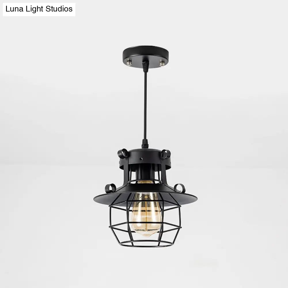 Industrial Retro Black Metal Pendant Light With Wire Cage - Perfect For Restaurants