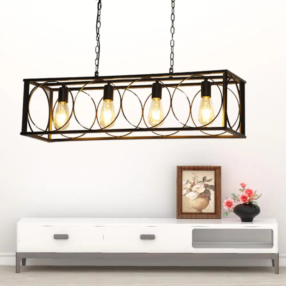 Industrial Retro Cage Pendant Light With 4 Bulbs - Black Metal Shade For Restaurant Or Island