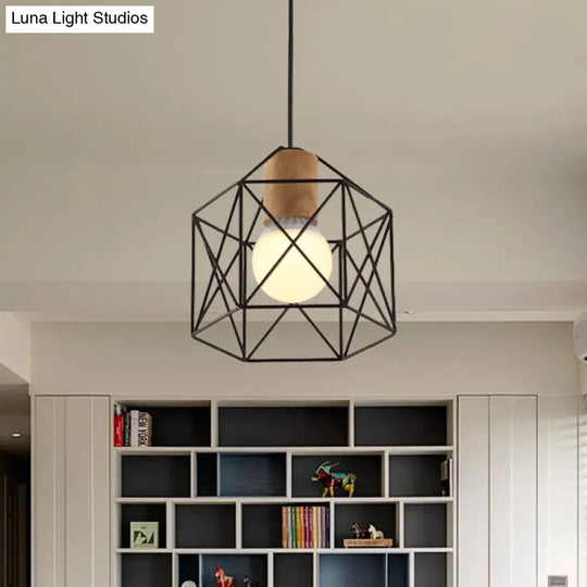 Retro Industrial Hexagon/Star Hanging Fixture - Metal & Wood Ceiling Lighting With Cage Shade