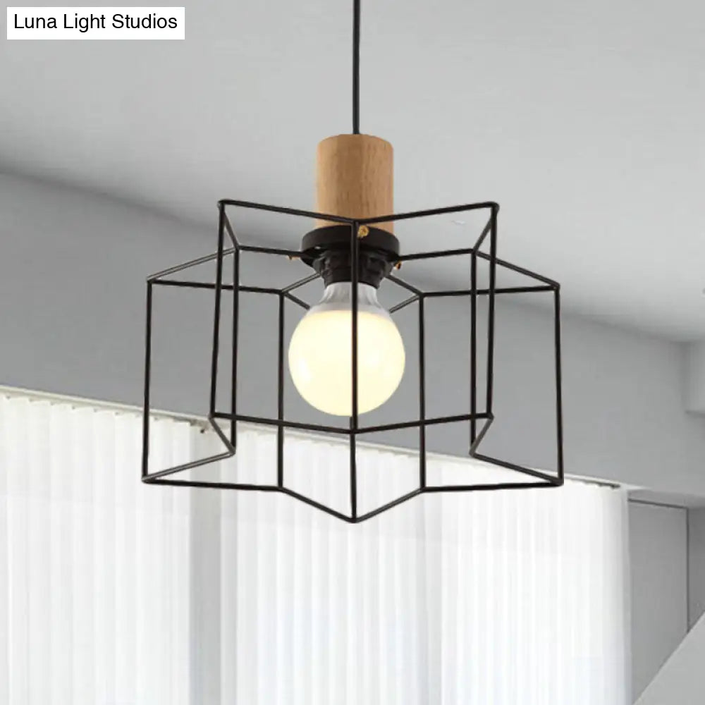 Retro Industrial Hexagon/Star Hanging Fixture - Metal & Wood Ceiling Lighting With Cage Shade Black