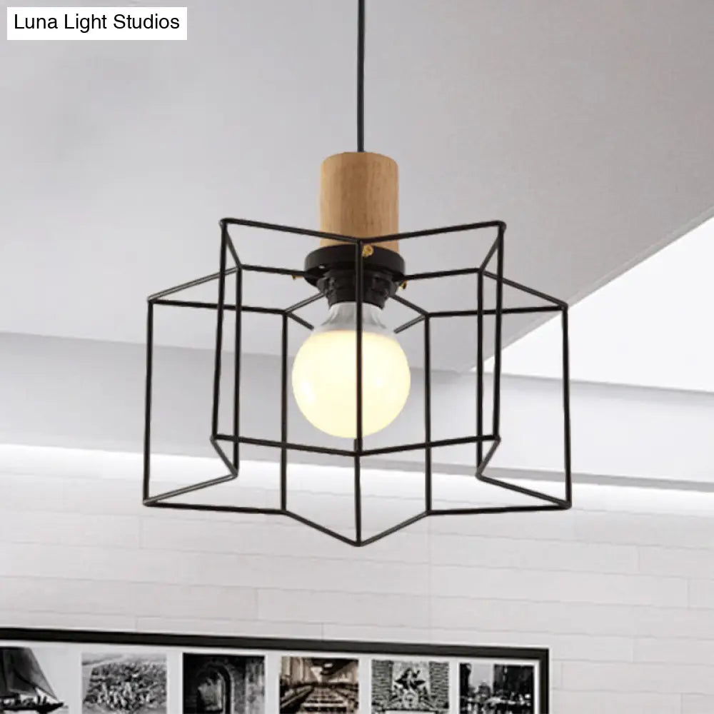 Retro Industrial Hexagon/Star Hanging Fixture - Metal & Wood Ceiling Lighting With Cage Shade