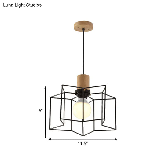 Industrial Retro Hanging Fixture - 1 Head Metal/Wood Ceiling Light With Cage Shade Black