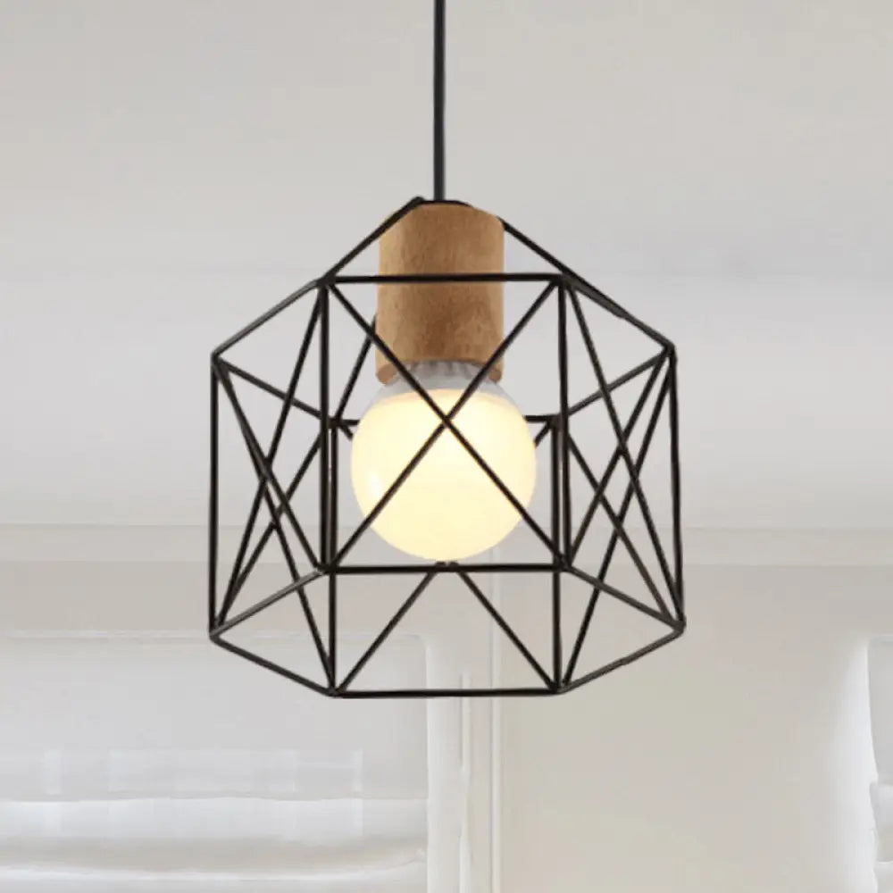 Industrial Retro Hanging Fixture - 1 Head Metal/Wood Ceiling Light With Cage Shade Black / Hexagon