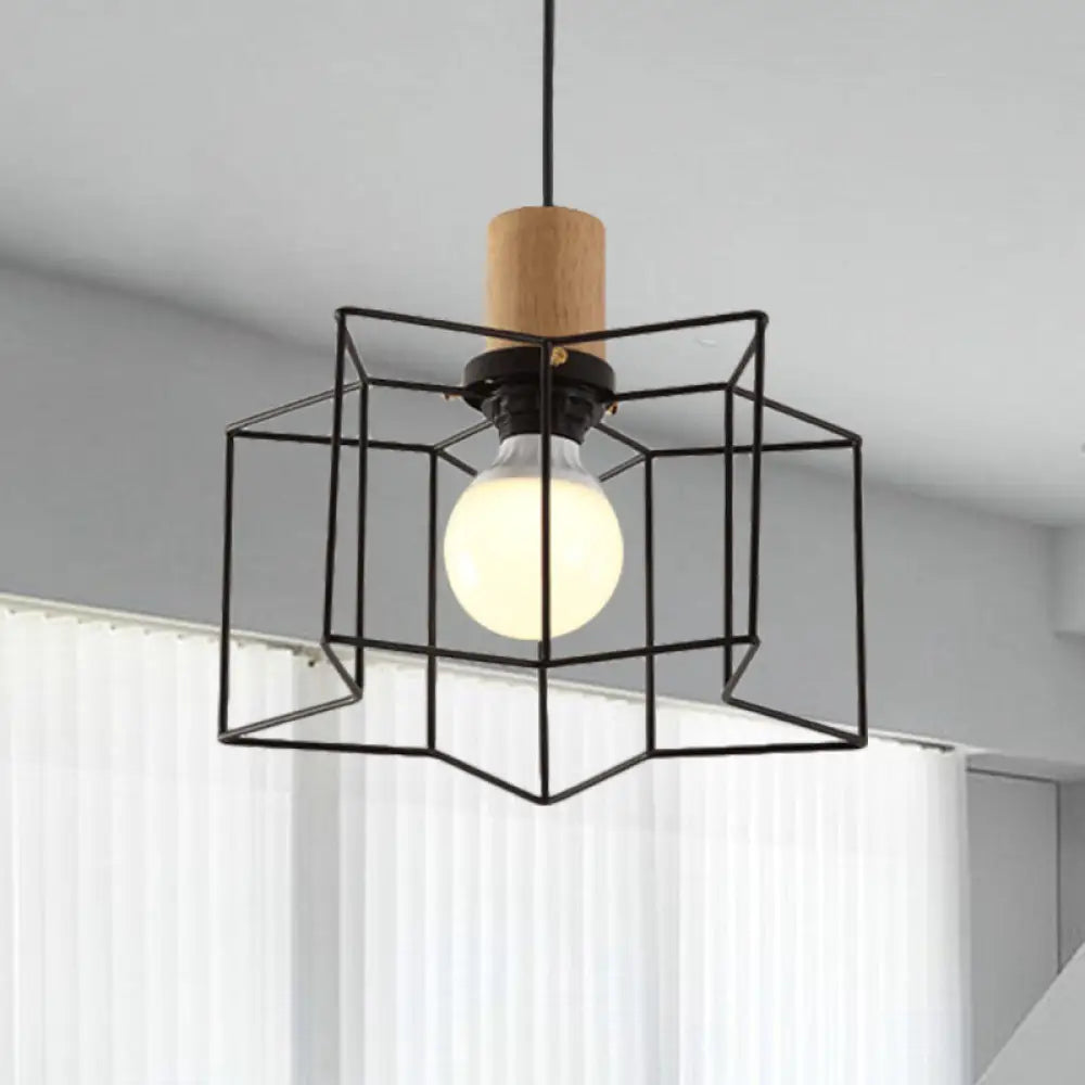 Industrial Retro Hanging Fixture - 1 Head Metal/Wood Ceiling Light With Cage Shade Black / Star