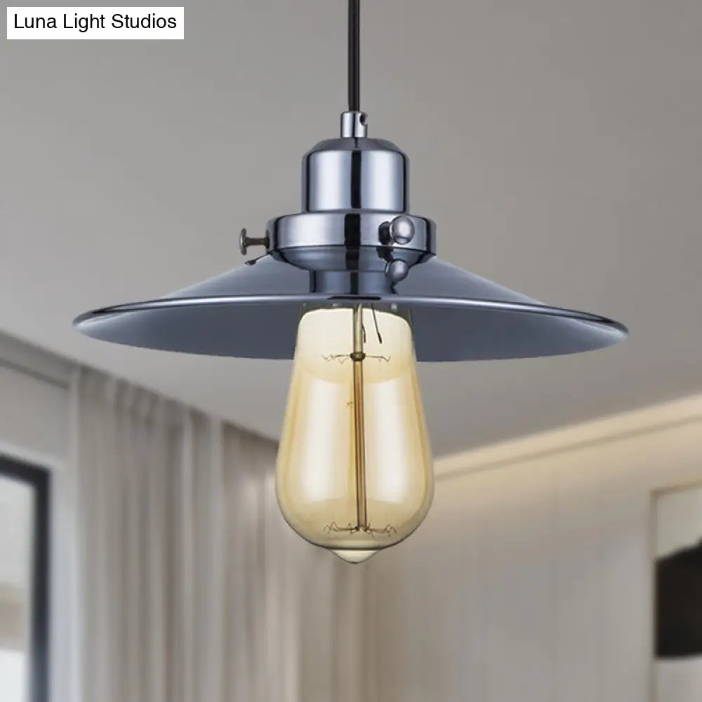 Industrial Retro Metal Pendant Light In Polished Chrome - Flared Shade 1-Bulb Hanging Lamp For
