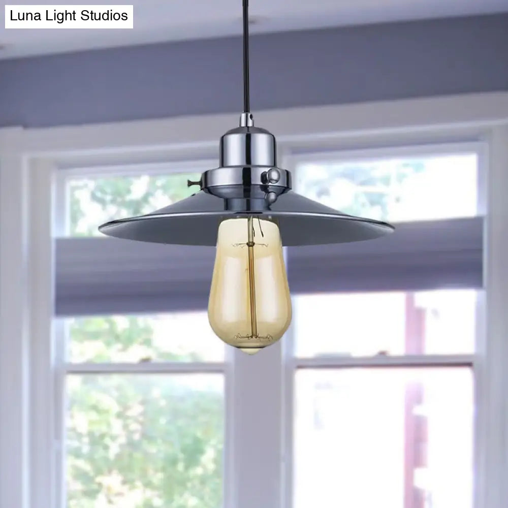 Industrial Retro Metal Pendant Light In Polished Chrome - Flared Shade 1-Bulb Hanging Lamp For