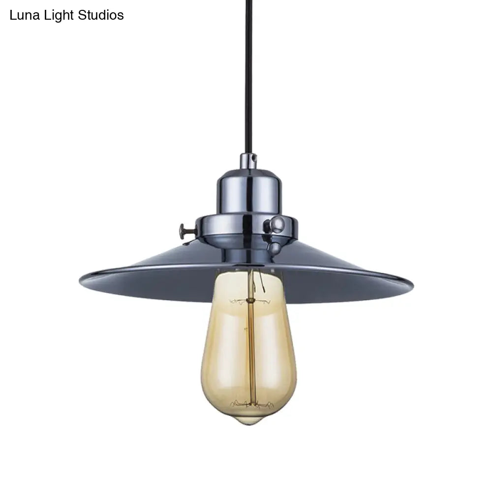 Industrial Retro Metal Pendant Light In Polished Chrome - Flared Shade 1-Bulb Hanging Lamp For