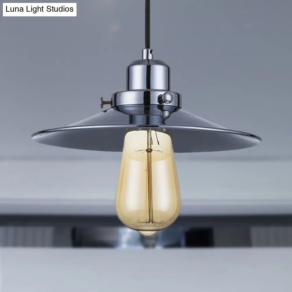 Industrial Retro Hanging Lamp - Polished Chrome With Flared Metal Shade 1 Bulb Pendant Light For