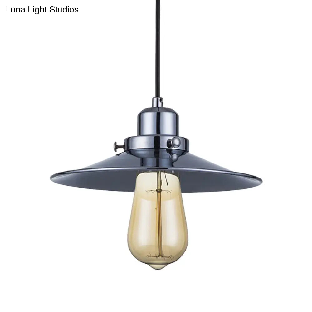 Industrial Retro Hanging Lamp - Polished Chrome With Flared Metal Shade 1 Bulb Pendant Light For