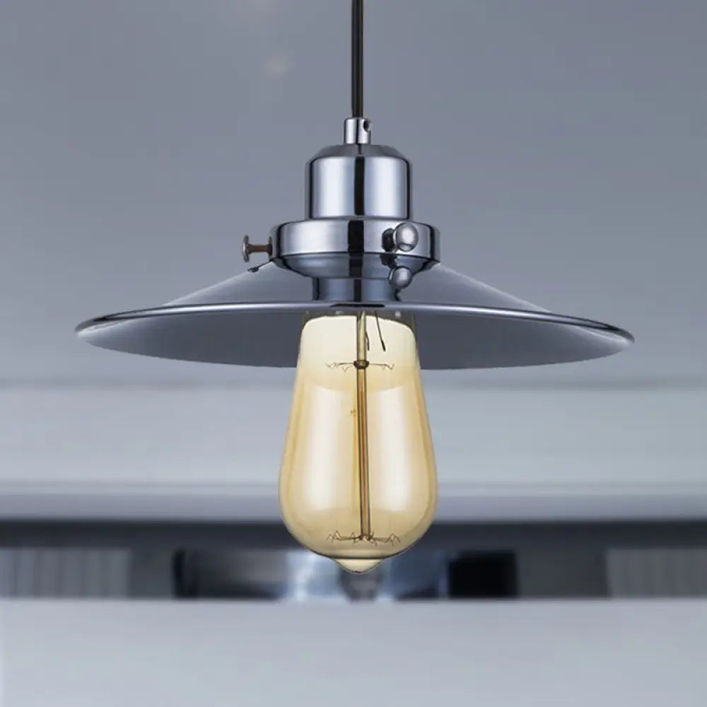 Industrial Retro Metal Pendant Light In Polished Chrome - Flared Shade 1-Bulb Hanging Lamp For