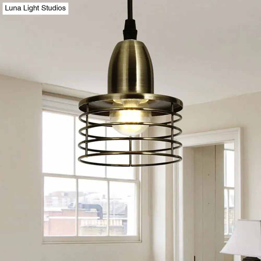 Industrial Retro Black/Bronze Metal Ceiling Pendant With Wire Cage Shade For Kitchen - 1-Light Drum