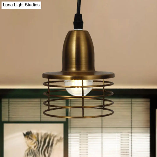 Industrial Retro Pendant Lighting: 1-Light Drum With Wire Cage Shade For Kitchen Ceiling