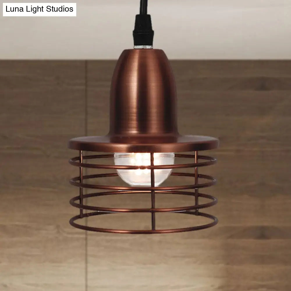 Industrial Retro Black/Bronze Metal Ceiling Pendant With Wire Cage Shade For Kitchen - 1-Light Drum