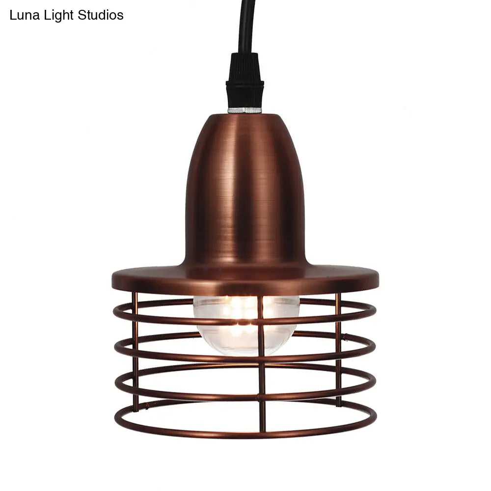 Industrial Retro Black/Bronze Metal Ceiling Pendant With Wire Cage Shade For Kitchen - 1-Light Drum