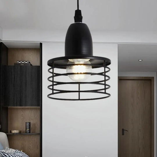 Industrial Retro Pendant Lighting: 1-Light Drum With Wire Cage Shade For Kitchen Ceiling