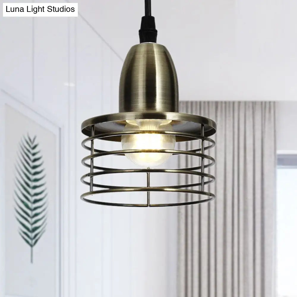 Industrial Retro Black/Bronze Metal Ceiling Pendant With Wire Cage Shade For Kitchen - 1-Light Drum