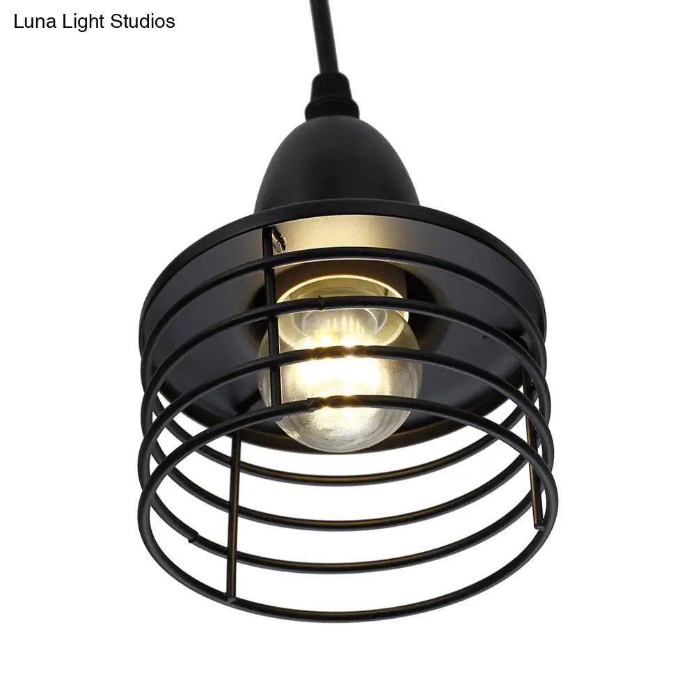 Industrial Retro Black/Bronze Metal Ceiling Pendant With Wire Cage Shade For Kitchen - 1-Light Drum