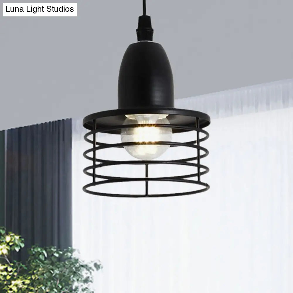 Industrial Retro Pendant Lighting: 1-Light Drum With Wire Cage Shade For Kitchen Ceiling