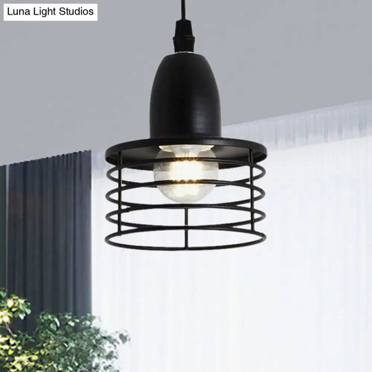 Industrial Retro Pendant Lighting: 1-Light Drum With Wire Cage Shade For Kitchen Ceiling