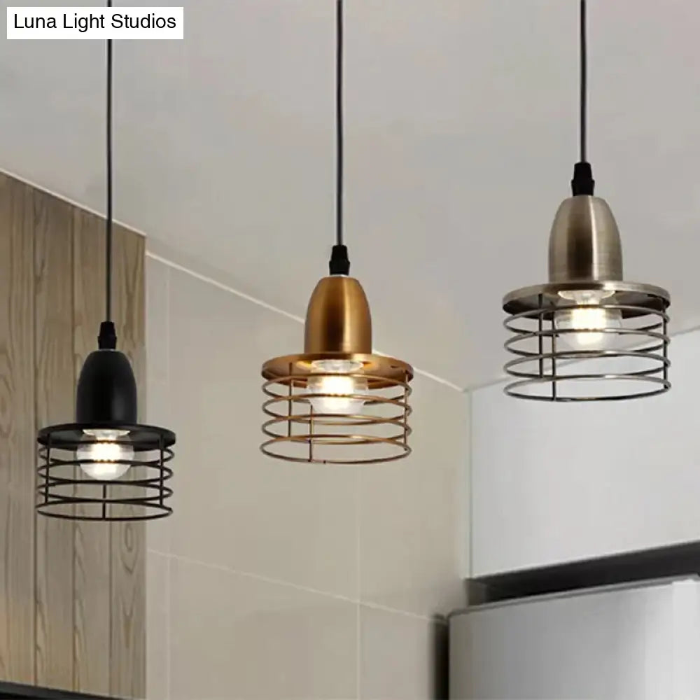 Industrial Retro Pendant Lighting: 1-Light Drum With Wire Cage Shade For Kitchen Ceiling